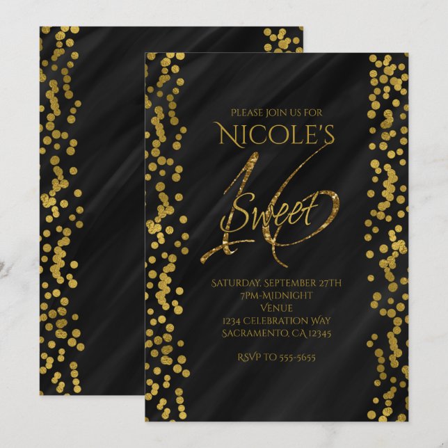 Convite Preto e Dourado Falso Glamour Moderno DOCE 16 Deze (Frente/Verso)