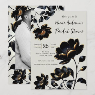 Convite Preto e Dourado Floral Bege Claro Chá de Noiva