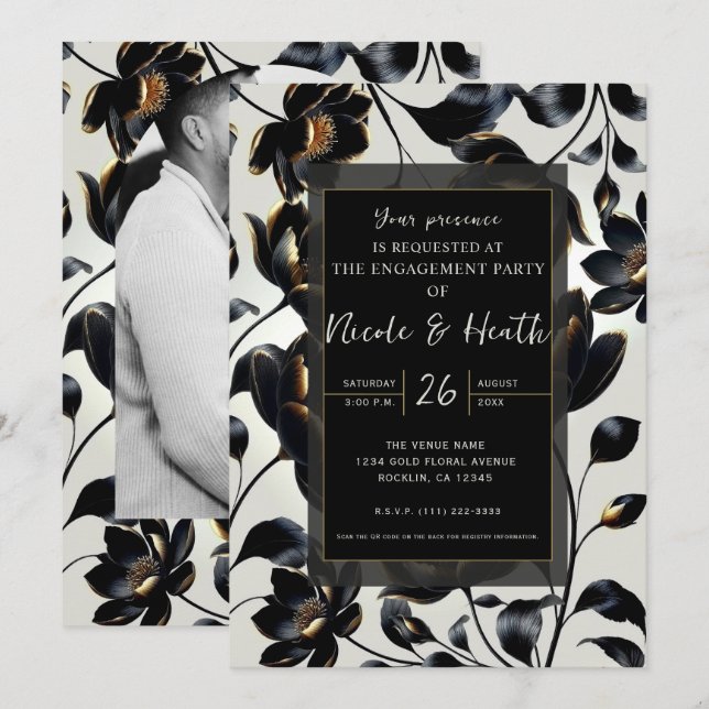 Convite Preto e Dourado Floral Bege Engajamento (Frente/Verso)