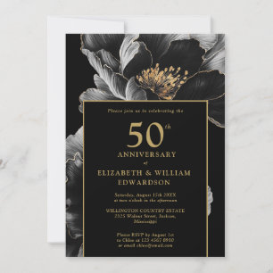 Convite Preto E Dourado Floral Elegante 50º Aniversário