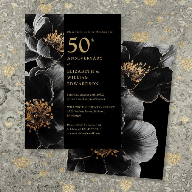 Convite Preto E Dourado Floral Elegante 50º Aniversário (Black And Gold Elegant Floral 50th Anniversary Invitation)