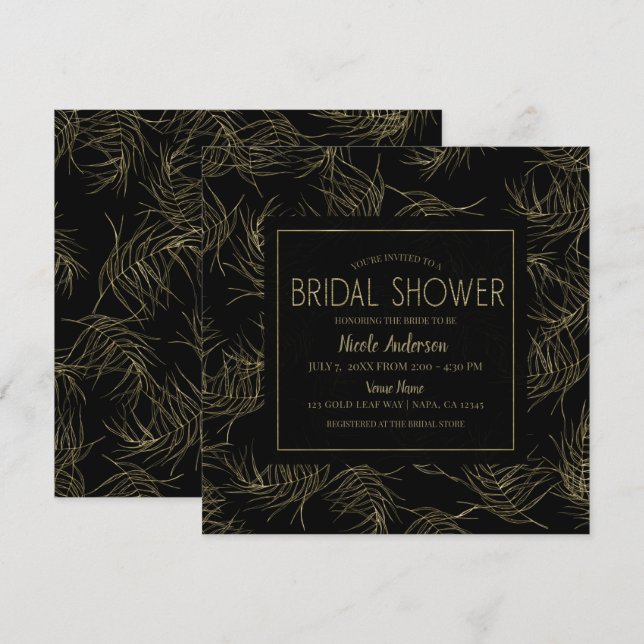 Convite Preto e Dourado Folhas Tropical Glam Chá de Bebê d (Frente/Verso)