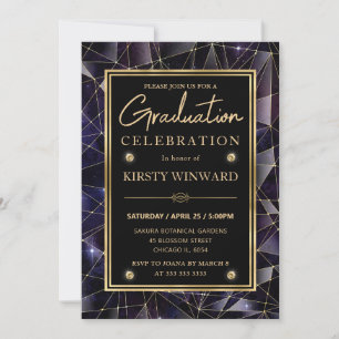 Convite Preto e Dourado Meia-Noite Cristal Galáxia Graduaç