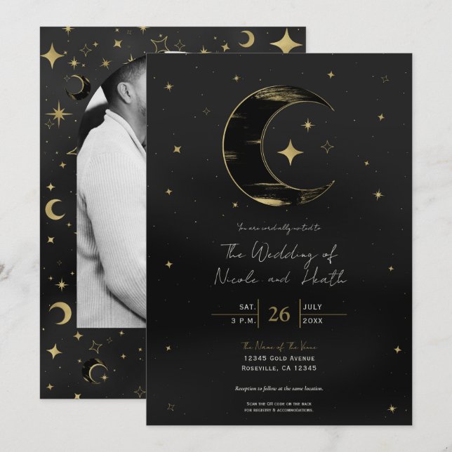 Convite Preto e Dourado Moderno Celestial Lua Estrelas Cas (Frente/Verso)
