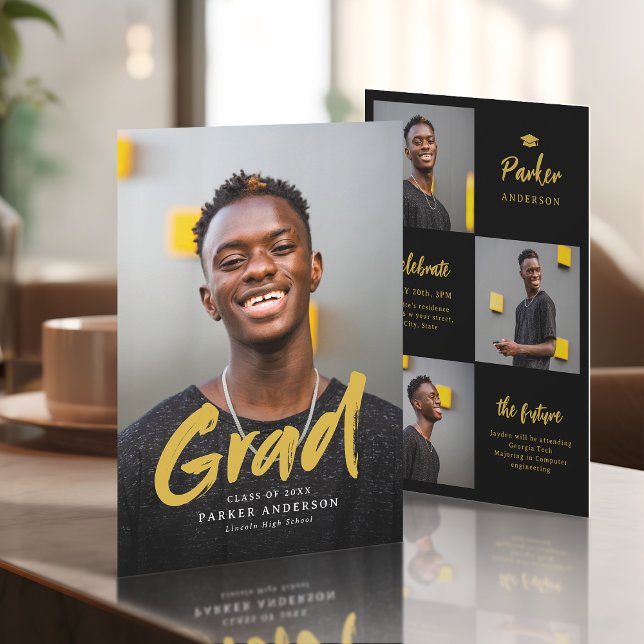 Convite Preto e Dourado Moderno Script Foto Graduação (Black & Gold Modern Script Photo Graduation Invitation)