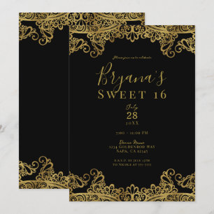 Convite Preto e Dourado Renda Festa Elegante Doce 16 Anos
