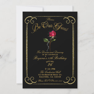 Convite Preto e Dourado Rosa Vermelha Beleza Aniversário d
