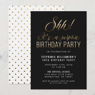 Convite Preto e Dourado Shh! É uma Festa de aniversário su