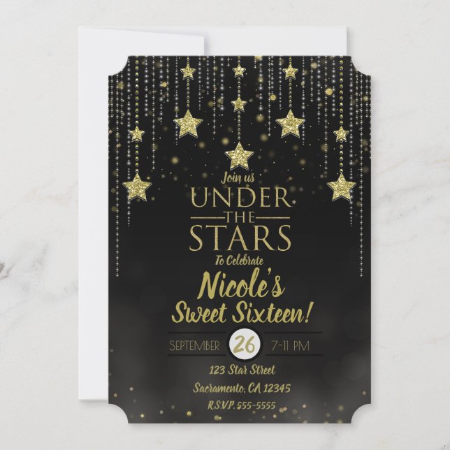 Convite Preto e Dourado Sob as Estrelas Estrelado Sweet 16 (Frente)