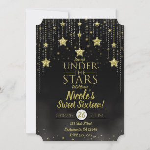 Convite Preto e Dourado Sob as Estrelas Estrelado Sweet 16