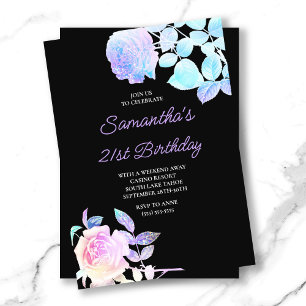 Convite Preto e Floral Iridescente Aniversário de 21 anos