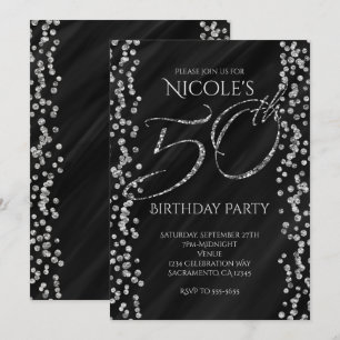 Convite Preto e Glitter Prateado Falso Glam 50 Aniversário