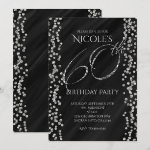 Convite Preto e Glitter Prateado Falso Glam 60 Aniversário