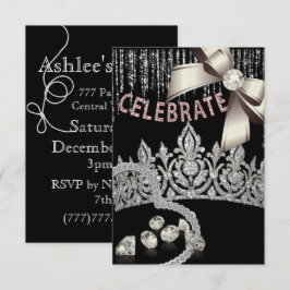 Convite Preto e Prata com diamantes coroa festa cor-de-ros