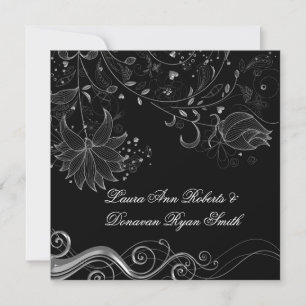 Convite Preto e Prata Ornata Floral Espirais Pós Casamento