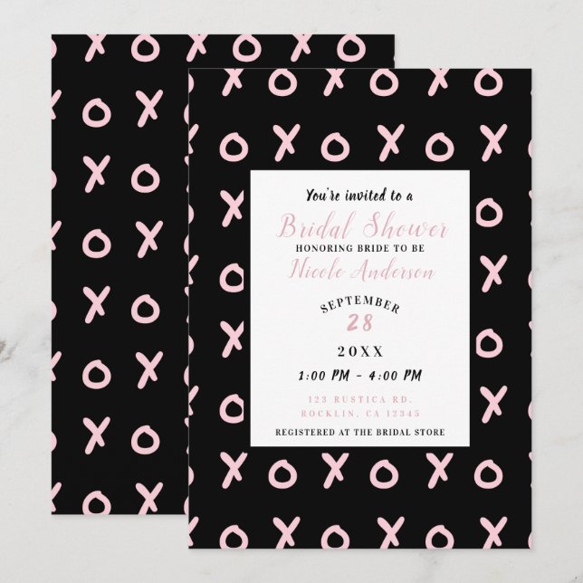 Convite Preto e Rosa Bebê X O XO XO's Chá de Bebê da Noiva (Frente/Verso)