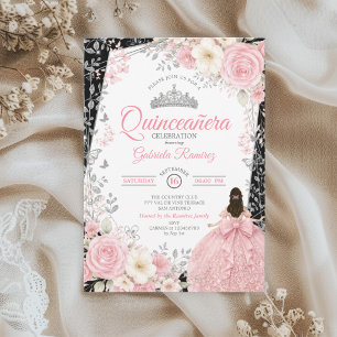 Convite Preto e Rosa Bege Quinceañera Borboleta Prateada