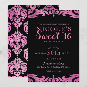 Convite Preto e Rosa Damasco Chic Festa Elegante Doce 16 A