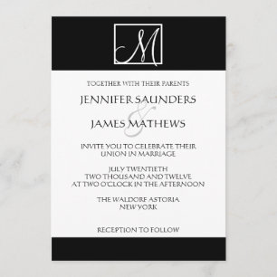 Convite preto elegante do casamento da inicial do