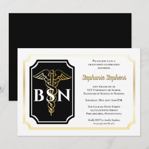 Convite Preto Elegante Dourada Festa de formatura BSN