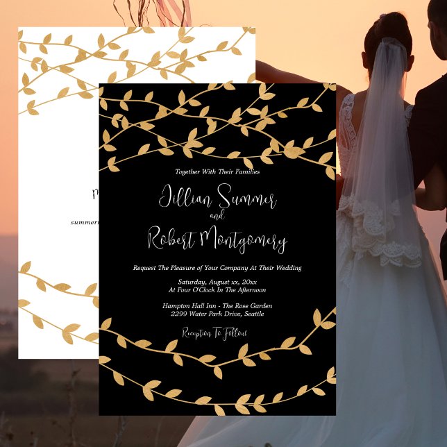 Convite Preto Elegante e Branco com Casamento de Folhas Do (Elegant Black and White with Gold Leaves Wedding Invitation)