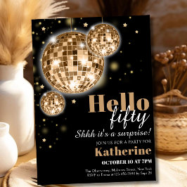 Convite Preto Elegante e Dourado Shhh é uma Surpresa 50º