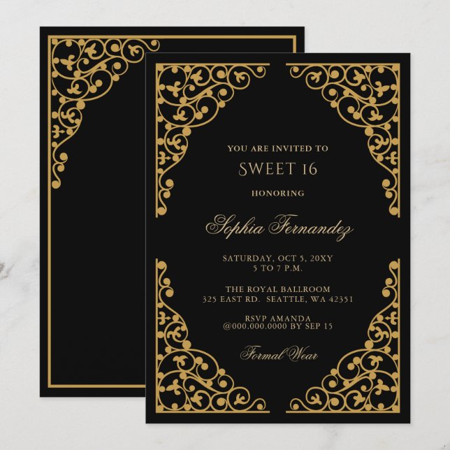 Convite Preto Elegante e Dourado Sweet 16 (Frente/Verso)
