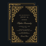 Convite Preto Elegante e Dourado Sweet 16<br><div class="desc">Convite 16 para preto e Dourado Elegante</div>