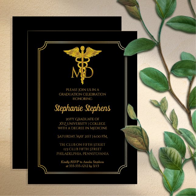 Convite Preto Elegante | Festa de formatura Médica Dourada (Elegant Black and Gold Tone "MD" Physician | Doctor Graduation Party Invitation - Print | Download)
