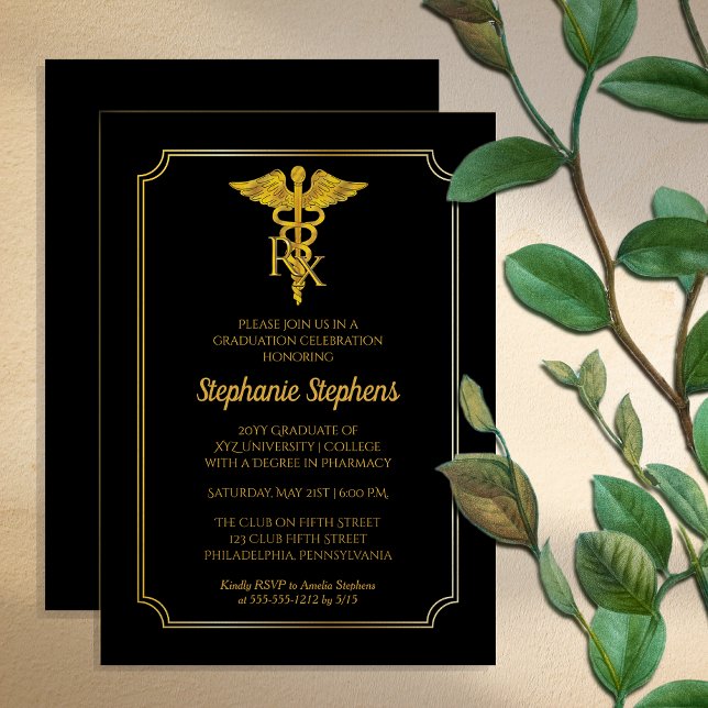Convite Preto Elegante | Festa de formatura Rx Farmácia Do (Elegant Black and Gold Tone "RX" Pharmacy Graduation Party Invitation -- Print and/or Download)