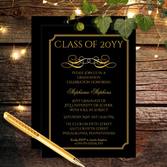 Convite Preto Elegante | Festa de formatura Universitária  (Elegant Black and Gold Tone University Graduation Party Invitation for Print and/or Download)