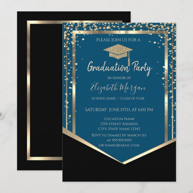 Convite Preto Elegante,Graduação de Boné de Formando Doura (Frente/Verso)