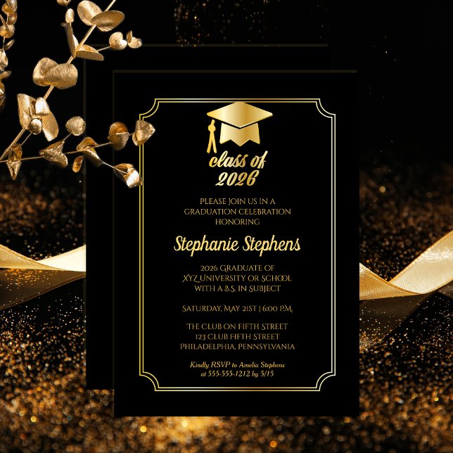Convite Preto Elegante | Parte Formandos do Boné Dourado (Elegant Black | Gold Tone Grad Cap 2026 College University Graduation Party Invitation Print Digital)
