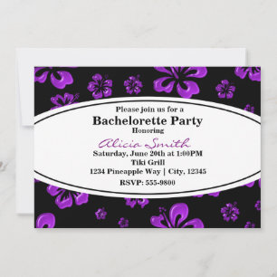 Convite Preto Floral de Hibisco Tropical Roxo