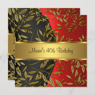 Convite Preto Floral Dourado Vermelho aniversário de 40 an
