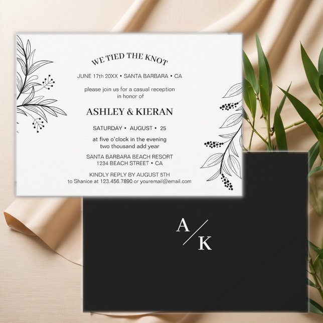 Convite Preto Floral e Branco Nós Ligamos a Recepção do Nó (Criador carregado)