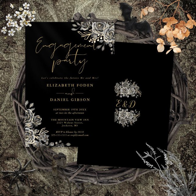 Convite Preto Floral Gótico E Festa de noivado Dourada (Gothic Floral Black And Gold Engagement Party Invitation)