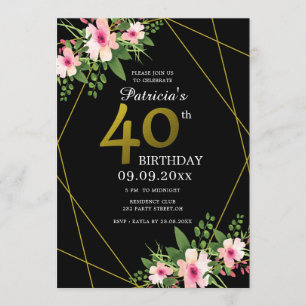 Convite Preto Floral Moderno E aniversário de 40 anos Dou