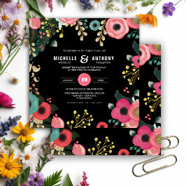 Convite Preto Floral Moderno | Rosa | Casamento de Teal