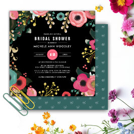 Convite Preto Floral Moderno | Rosa | Chá de panela teóric