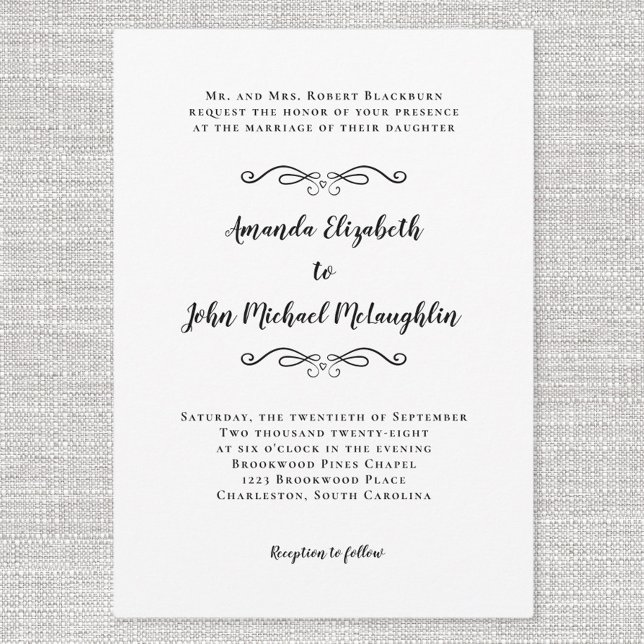 Convite Preto Formal Simples de Casamento Clássico de Scri (Elegant Script Classic Simple Formal Wedding Black Invitation)