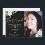 Convite Preto Foto Bat Mitzvah Silver Floral Watercolor<br><div class="desc">Tenha orgulho, alegria e mostre este marco do seu Bat Mitzvah favorito com este sofisticado e personalizado convite fotográfico! Uma aquarela floral brilhante, branca e falso prateada, tipografia falsa de folha de prata e serifa branca sobrepõem um fundo preto dramático no lado esquerdo, sua foto personalizada à direita. Flores aquarelas...</div>