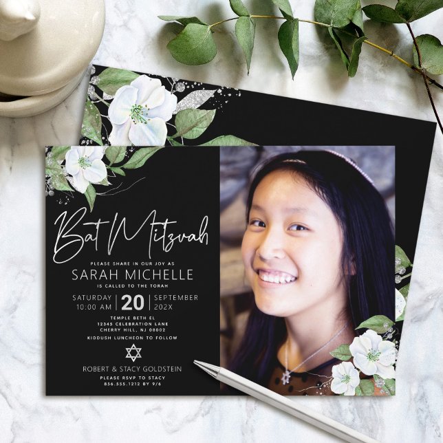 Convite Preto Foto Bat Mitzvah Silver Floral Watercolor (Criador carregado)