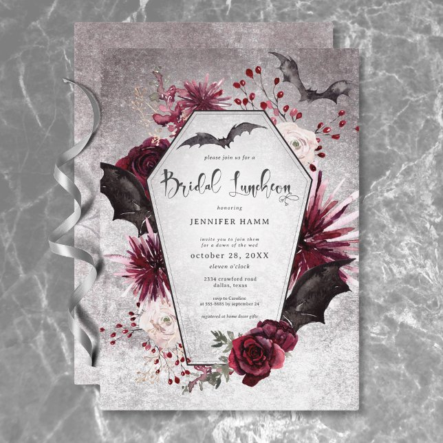 Convite Preto Gótico e Borgonha Louca (Gothic Black & Burgundy Spooky Bridal Luncheon Invitation)