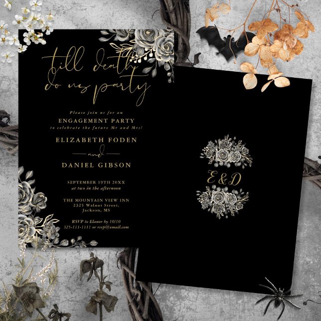 Convite Preto Gótico E Festa de noivado Dourada (Gothic Black And Gold Photo Engagement Party Invitation)
