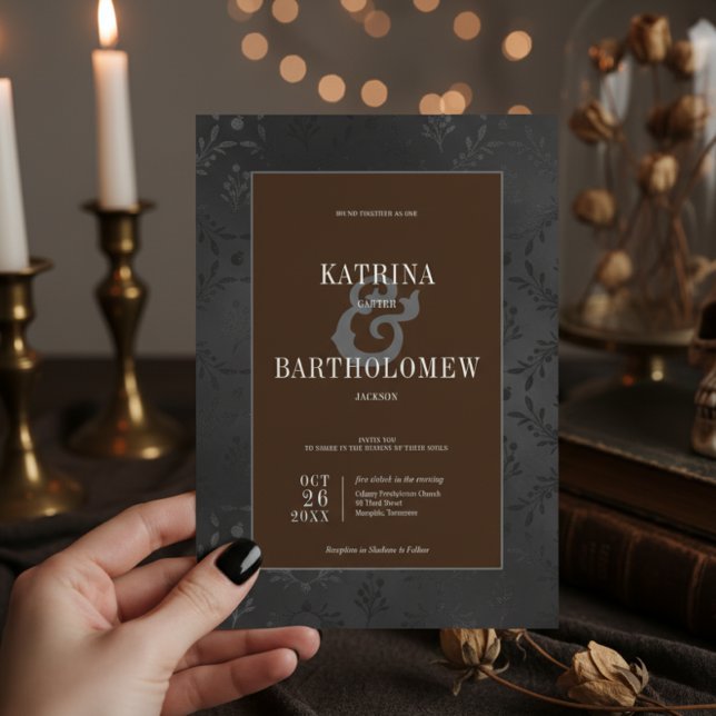 Convite Preto-Gótico Escuro Satin Damask Brown (Dark Gothic Black Floral Satin Damask Brown Invitation)