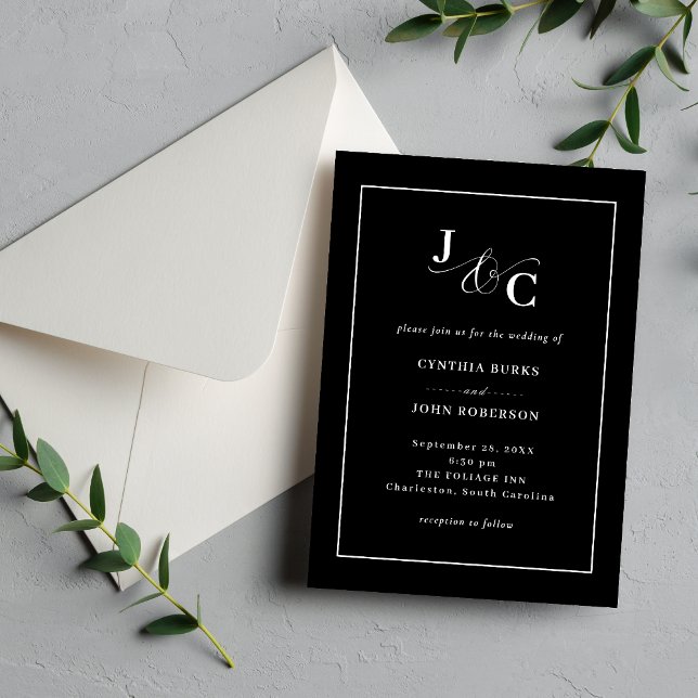 Convite Preto Minimal e Chic | Casamento com Borda Branca (Black minimal chic invite with white border for a sleek, timeless wedding style.)