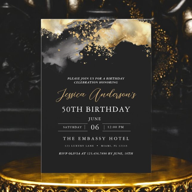 Convite Preto minimalista e Script Dourado 50º aniversário (Criador carregado)