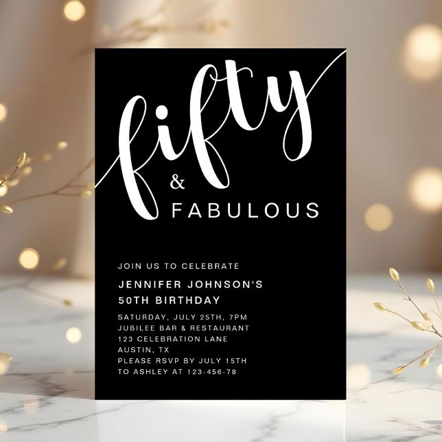 Convite Preto Moderno 50 E Fabuloso Aniversário De 50 Anos (Modern Black 50 And Fabulous 50th Birthday Invitation)