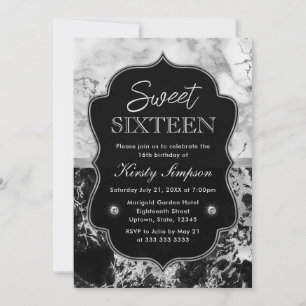 Convite Preto Moderno, Branco e Mármore Prateado Sweet 16